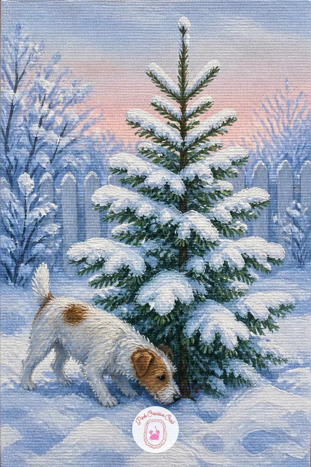 Young Fir in a Snowy Garden With a Dog Sniffing At It — A young fir is smaller and neater than the older conifers elsewhere on this list, so keep its triangle