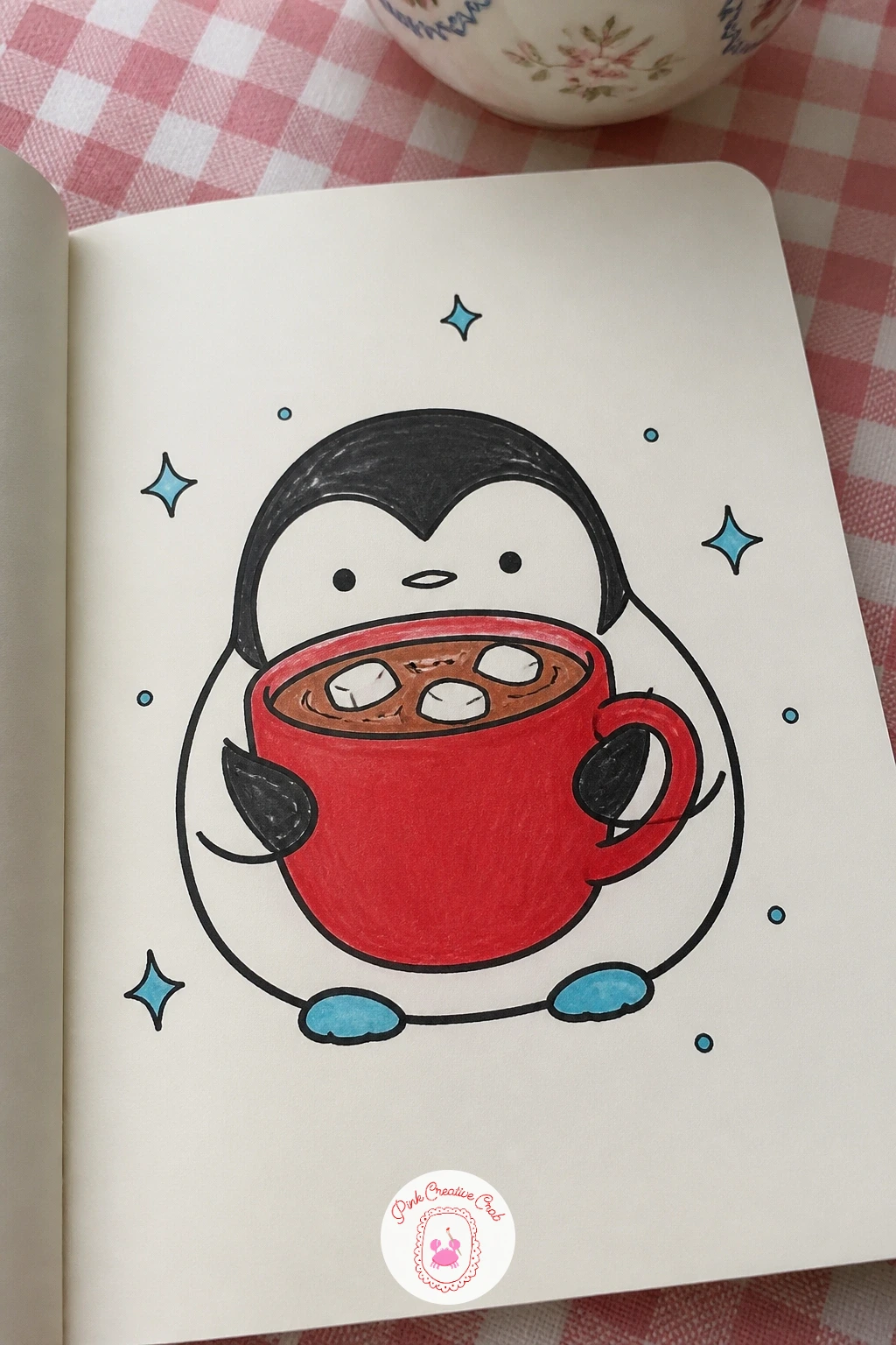Penguin Sipping Cocoa — Start with the easiest penguin in the whole set: a simple standing body, a round head, two stub flippers at the sides. Penguin doodle