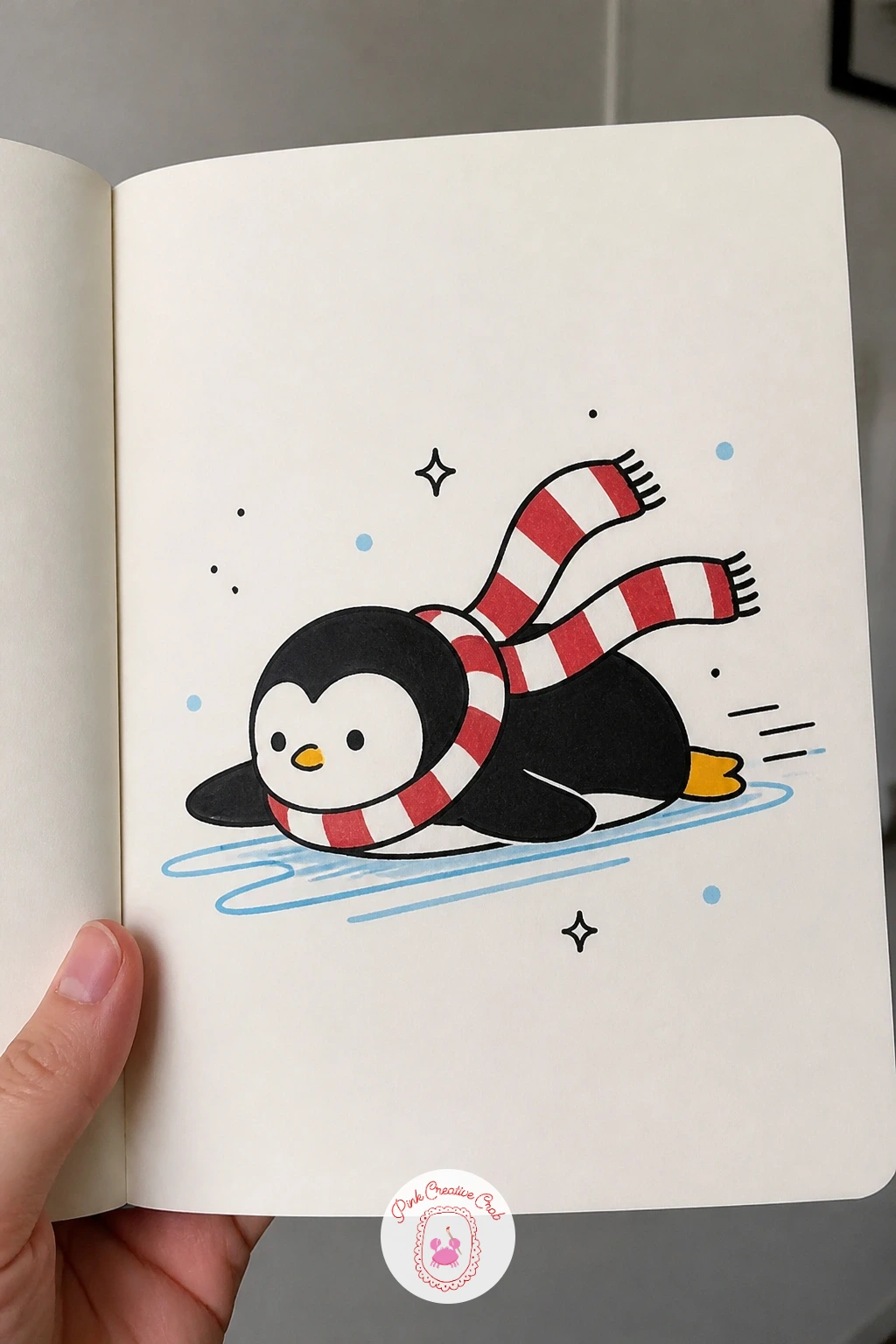 Penguin Sliding On Its Belly — Move from standing to sliding, which is really just the same oval body tipped onto its side. Penguin doodle