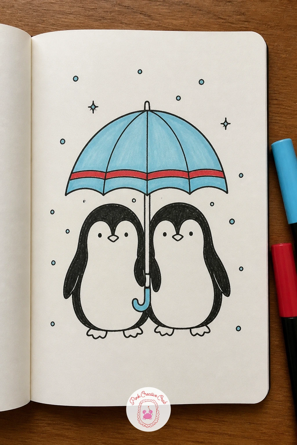 Two Penguins Sharing An Umbrella — Bridge from one penguin to two by drawing this pair close together, shoulder to shoulder, under one shared umbrella. Penguin