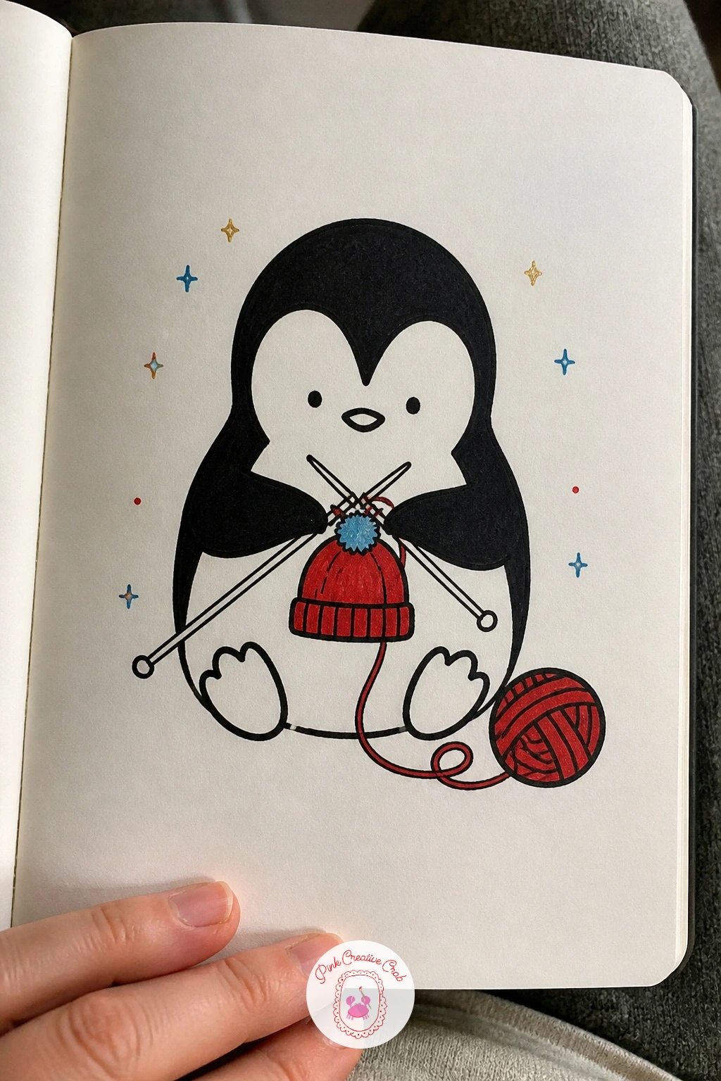 Penguin Knitting A Tiny Hat — Give this penguin something to do with those flippers: knitting a small hat for its chick. Penguin doodle