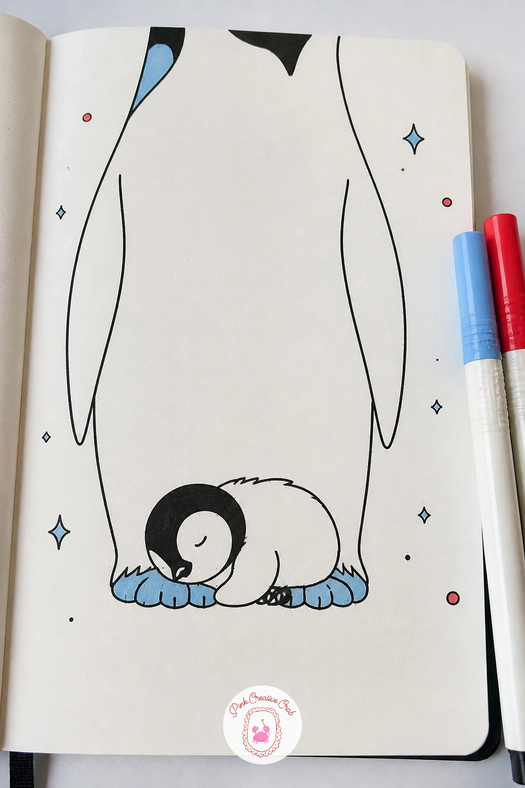 Chick Asleep On Parent's Feet — This is a quieter idea after all that motion, so slow down and draw the parent penguin standing tall and still, feet planted