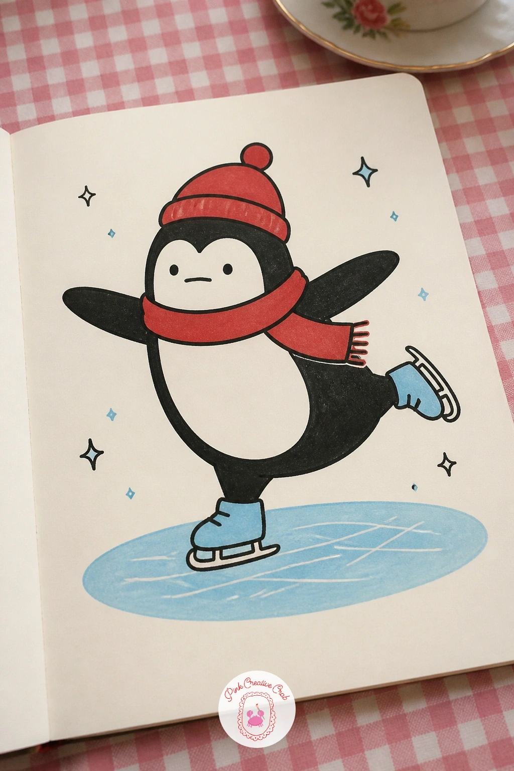 Wobbly Ice Skating Penguin — Skating gives you a chance to draw a penguin mid wobble, arms, or rather flippers, flung out for balance. Penguin doodle
