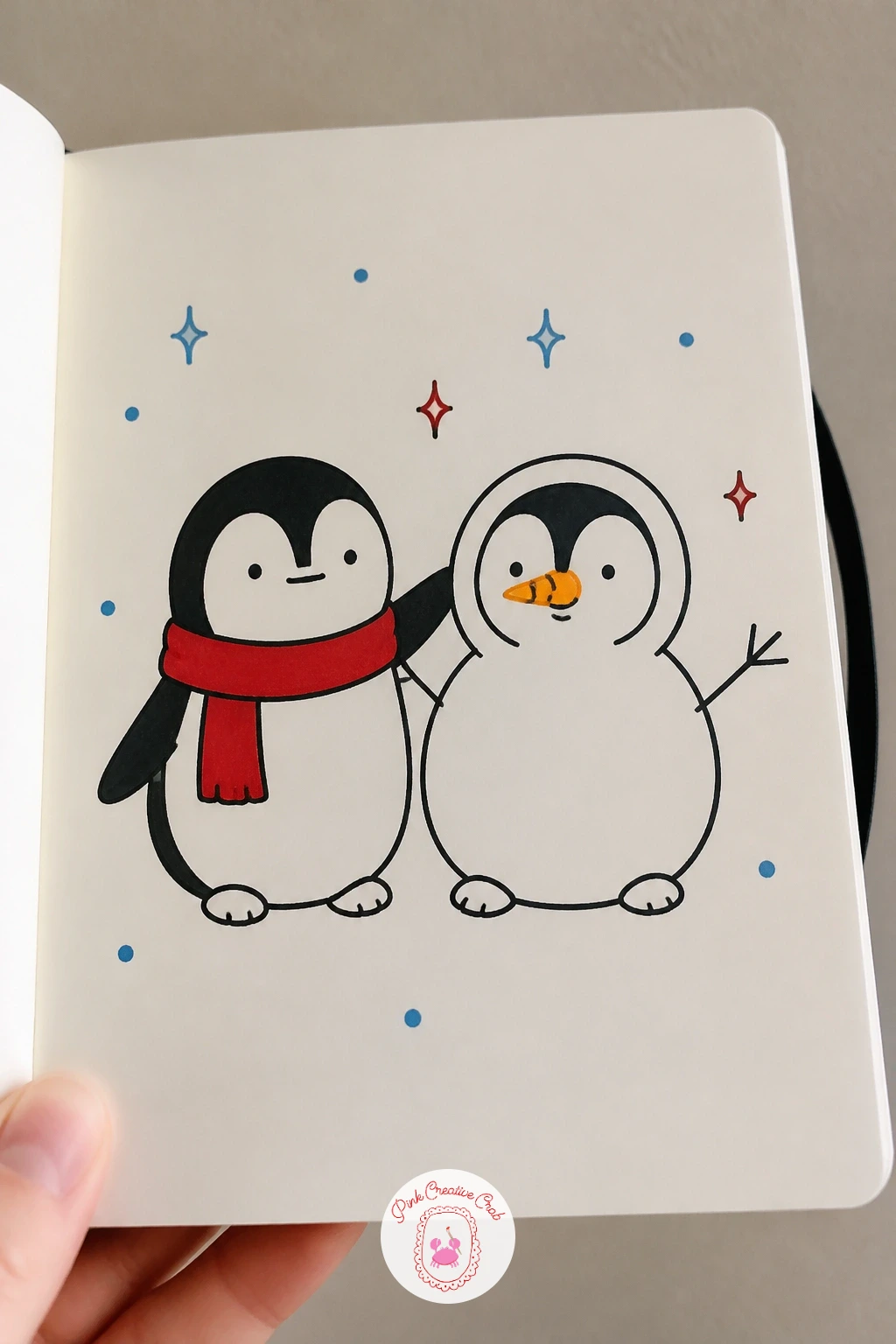 Penguin Building A Lookalike Snowman — The joke in this one is the snowman looking suspiciously like the penguin building it, so draw the snowman first with