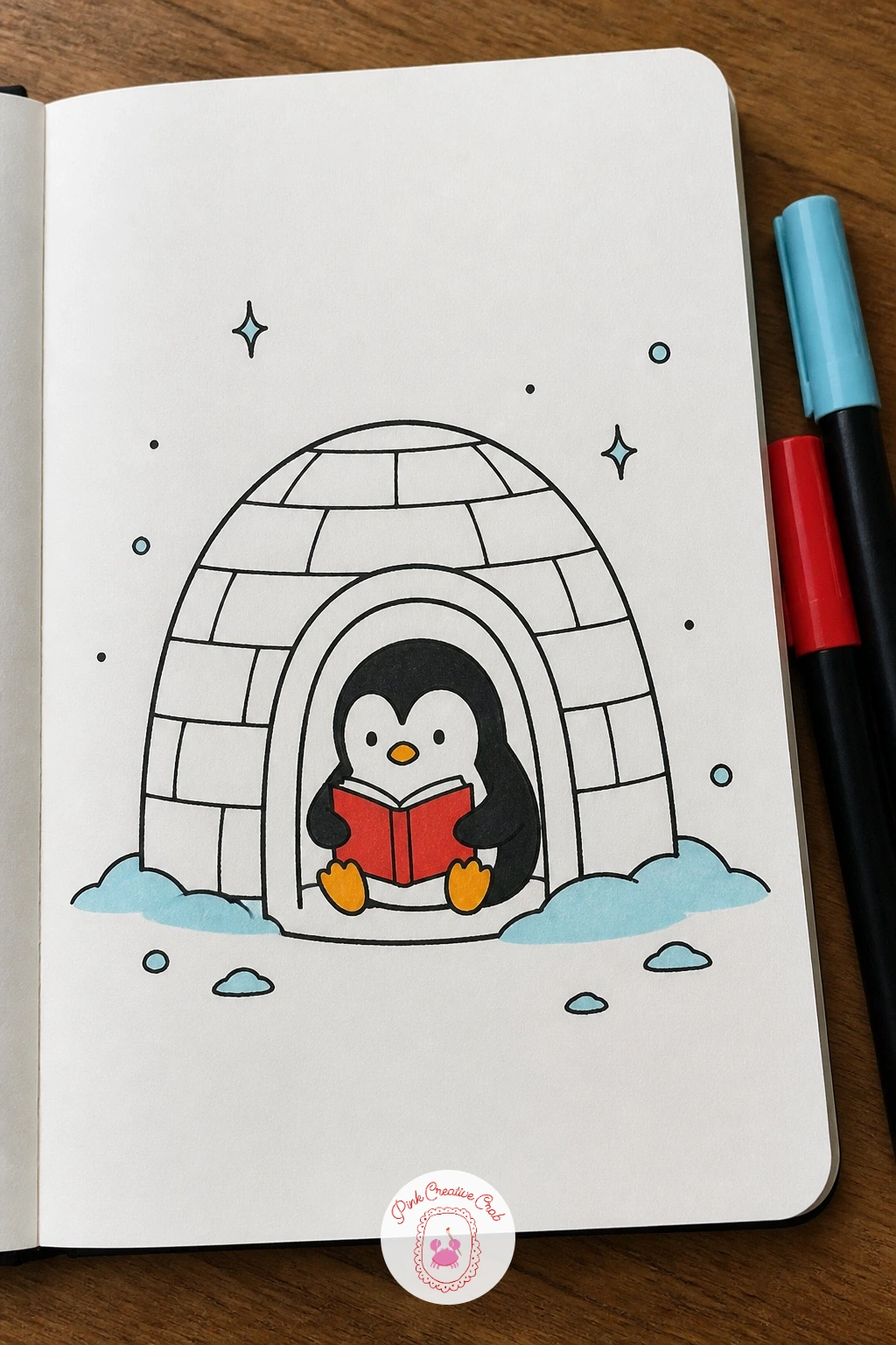 Penguin Reading In A Tiny Igloo — Draw the igloo first as a simple dome made of a curved outline with a grid of curved brick lines across it, then cut a