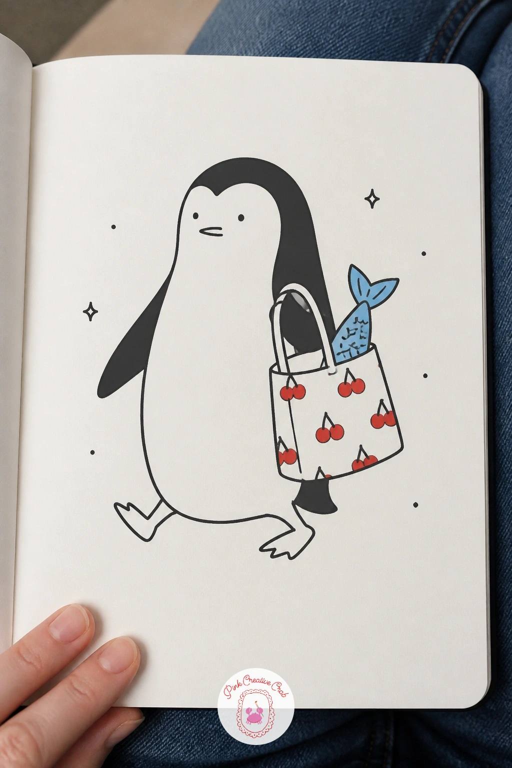 Penguin Carrying Fish In A Shopping Bag — This one turns a penguin into a tiny shopper, so draw the body walking, one foot forward, with a small bag hanging