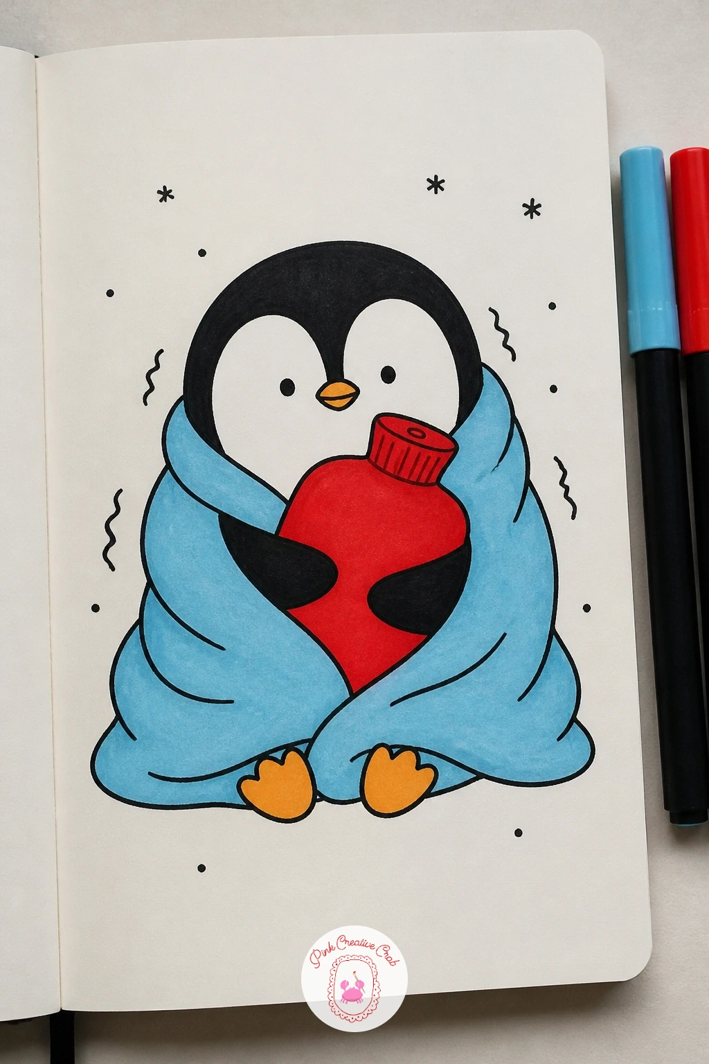 Shivering Penguin With Hot Water Bottle — Draw this penguin huddled low, shoulders hunched up near the ears, wrapped in a blanket that only shows the head