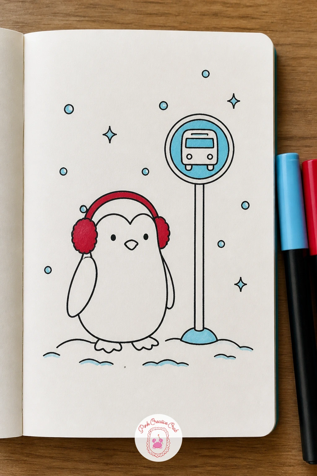 Penguin At A Snowy Bus Stop — Draw a simple bus stop sign first, a thin post with a small rectangular sign on top, then stand the penguin beside it bundled in