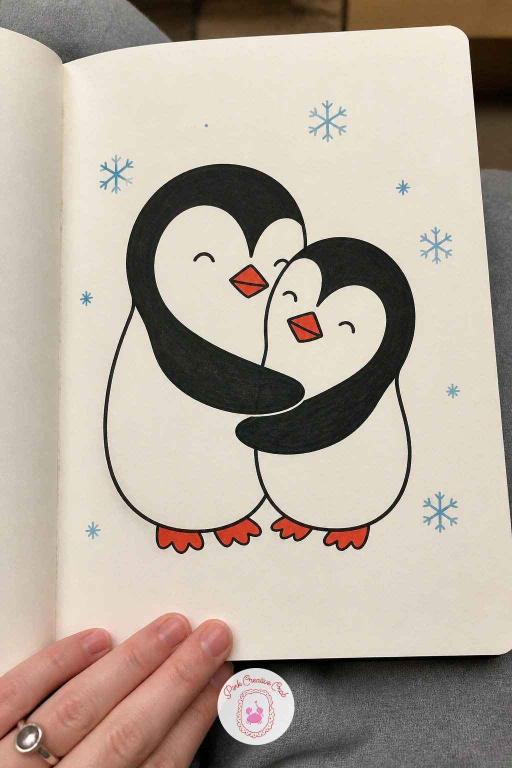 Two Penguins Hugging — Keep this one simple and warm: two penguin bodies drawn overlapping closely, flippers wrapped around each other rather than hanging at