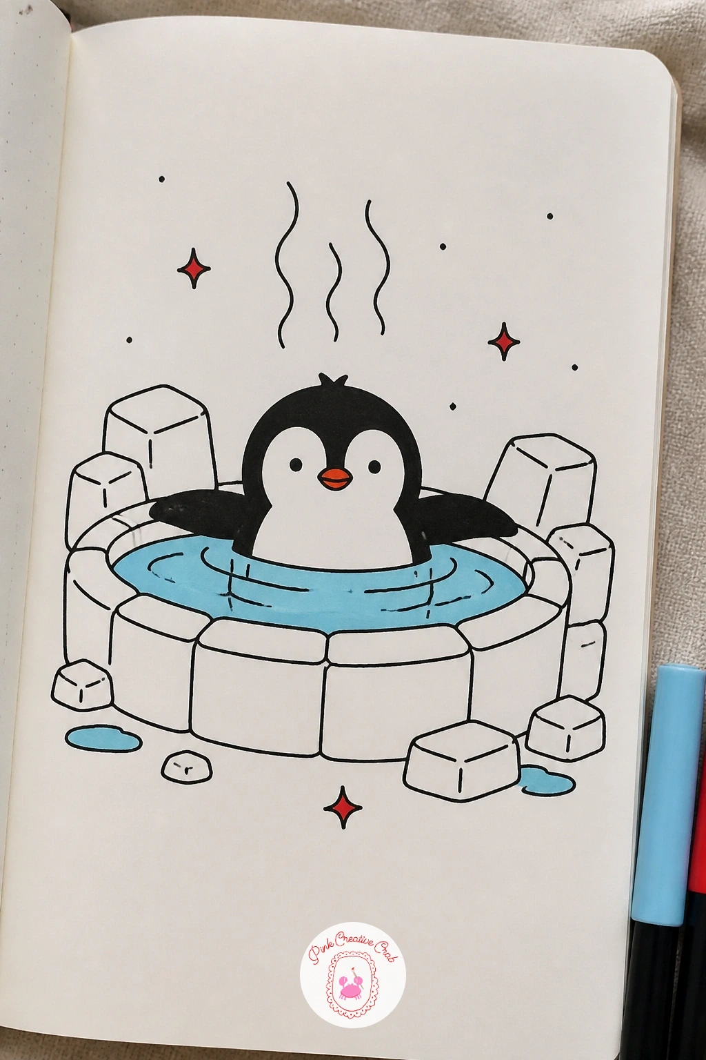 Penguin In A Steaming Hot Tub — Draw a round or oval tub shape first, rim drawn as a simple ellipse, then the penguin sitting inside with just the head and the