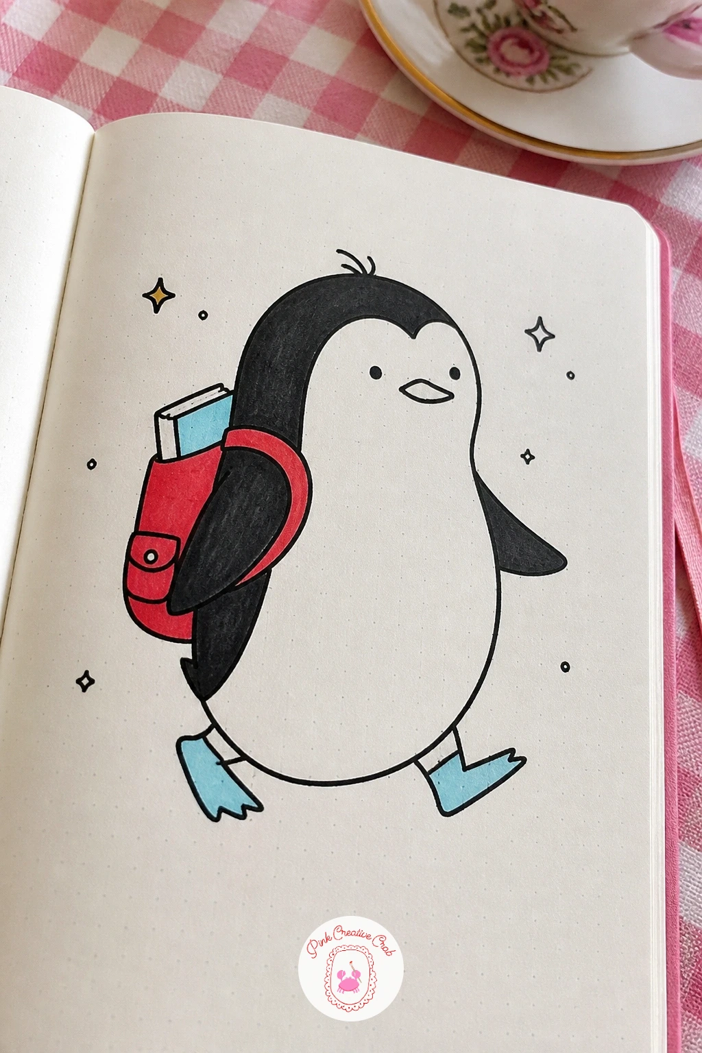 Penguin Heading To School — Give this penguin a small rounded backpack on its back, straps drawn as two simple curved lines over the shoulders, and a confident