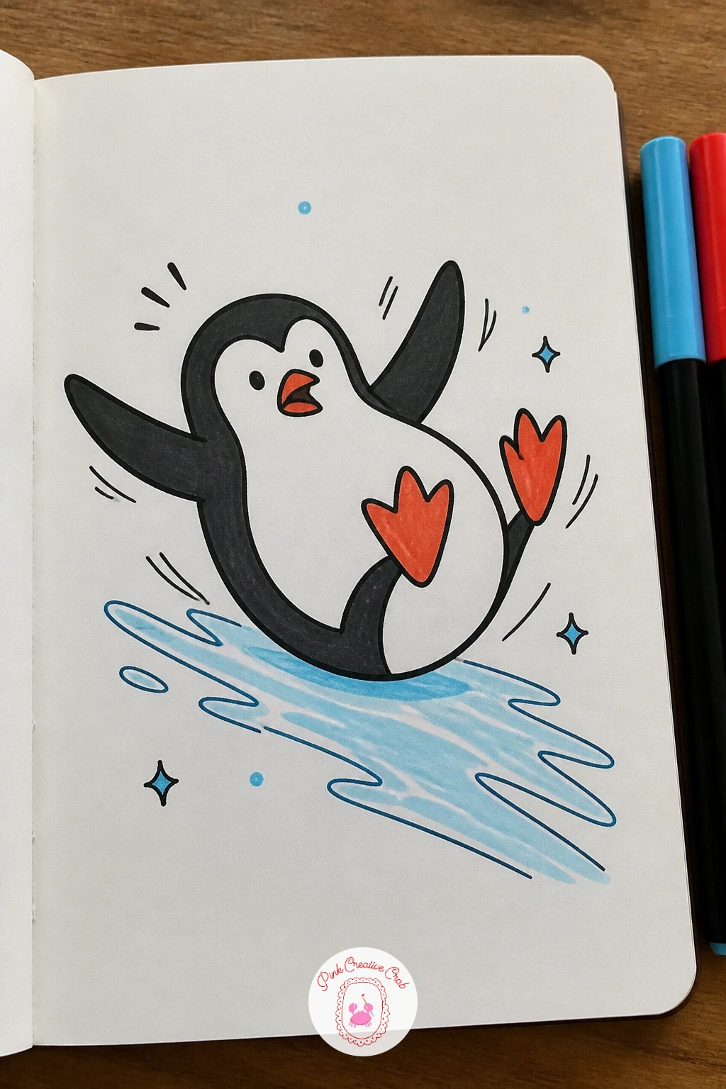 Penguin Slipping With Feet In The Air — This is the classic penguin pratfall, so commit fully to the pose: body flat on its back, both feet kicked straight up