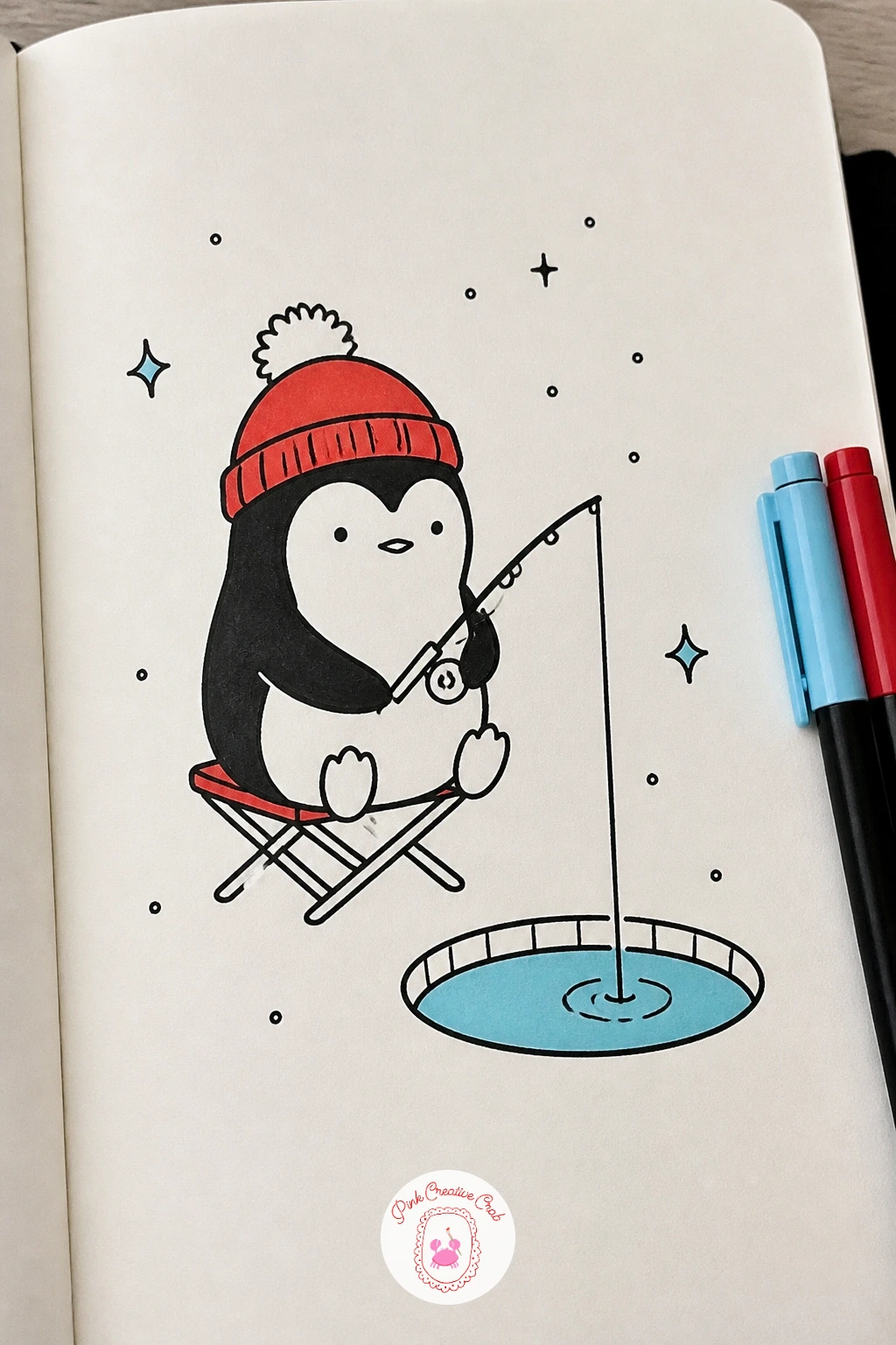 Penguin Ice Fishing Through A Hole — Draw a simple round hole in the ice first, a flattened oval shape, then seat the penguin beside it with a tiny fishing rod