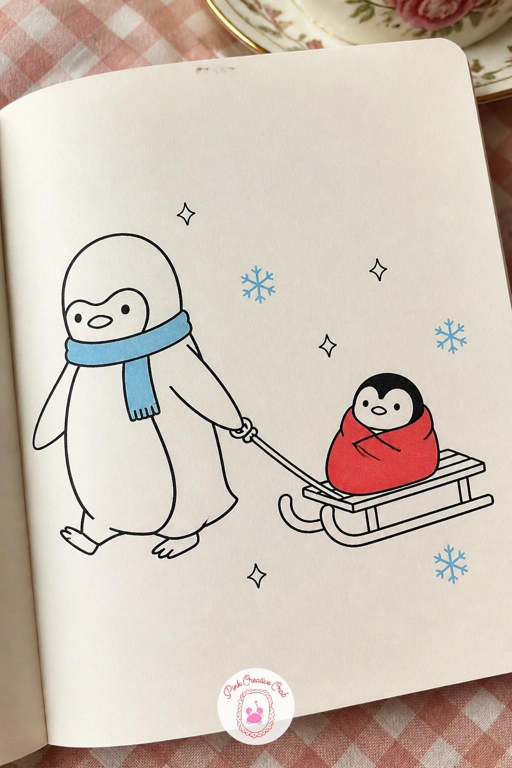 Penguin Pulling Chick On A Sled — Draw the parent penguin first, leaning forward slightly with one flipper stretched back holding a rope, then the sled behind