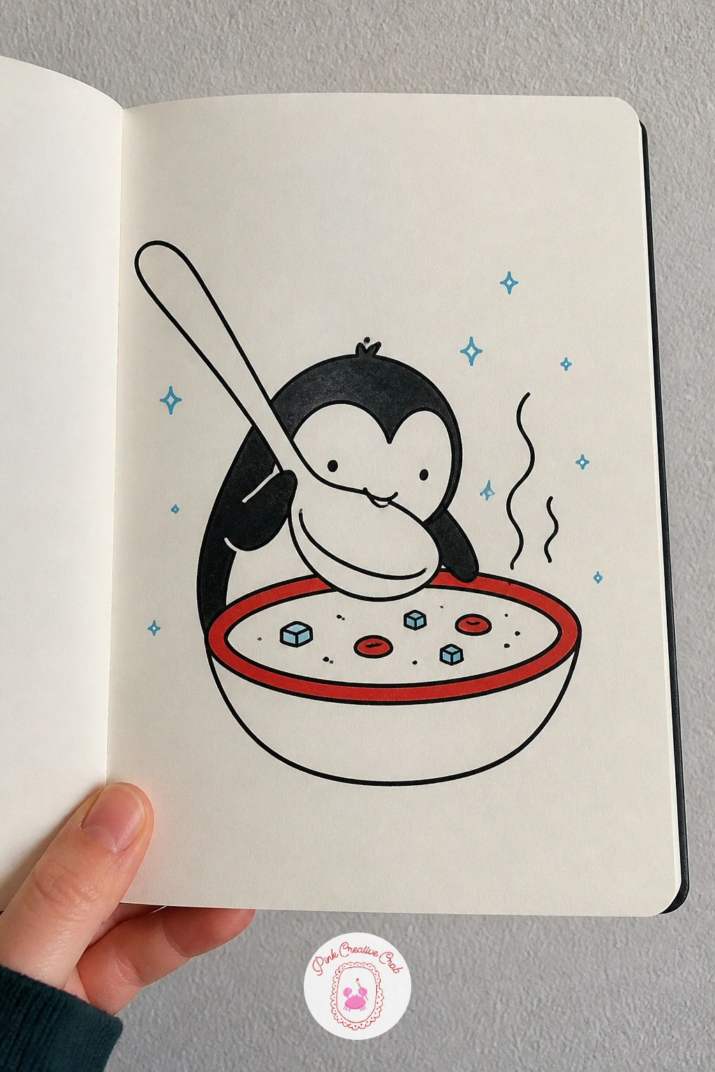 Penguin Eating Soup With A Giant Spoon — Sit this penguin in front of a simple bowl, a wide shallow oval shape, with a spoon in one flipper that is clearly