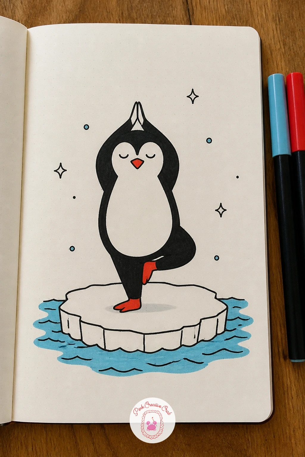 Penguin Doing Yoga On An Ice Floe — Draw the ice floe first as a simple flat irregular shape floating on open water, then balance the penguin on top in a basic