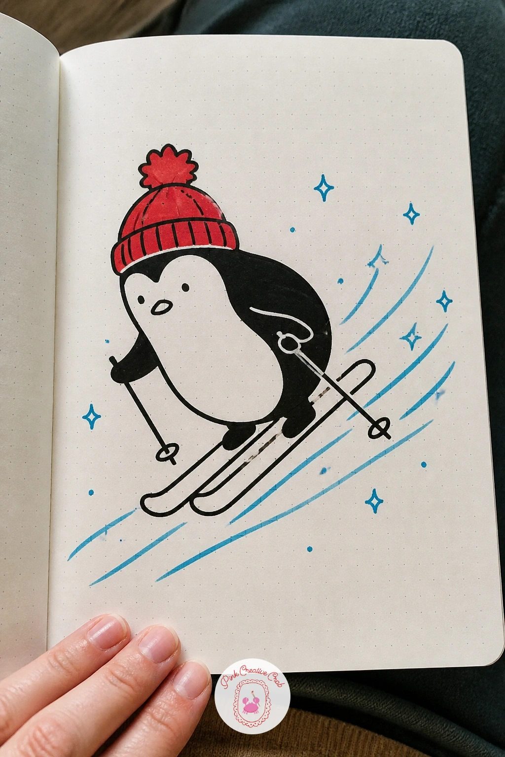 Penguin Skiing Downhill In A Bobble Hat — Draw the penguin leaning forward into a downhill ski pose, knees, or the penguin equivalent of knees, slightly bent