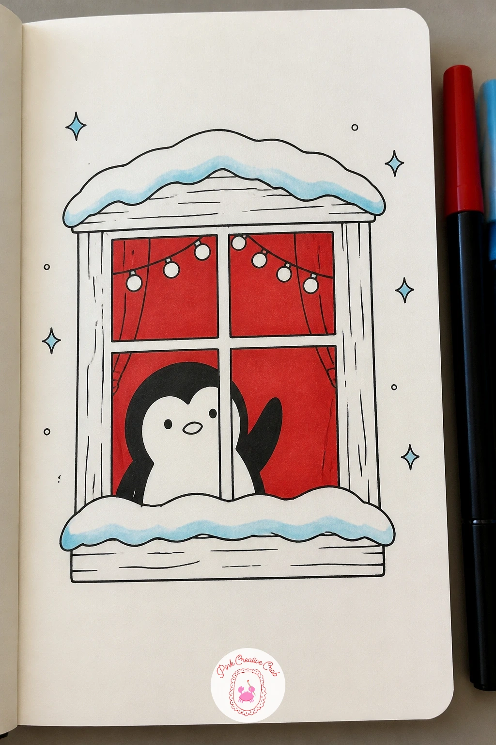 Penguin Waving From A Snowy Cabin Window — Draw a simple square or rectangular window frame first, divided into four panes with one crossing horizontal and one
