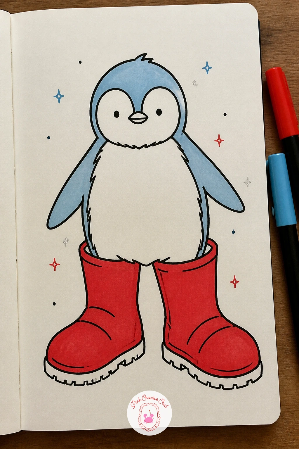 Chick In Parent's Huge Boots — This idea plays on scale the same way the cocoa mug one did, so draw the boots first, two tall oversized shapes with simple sole