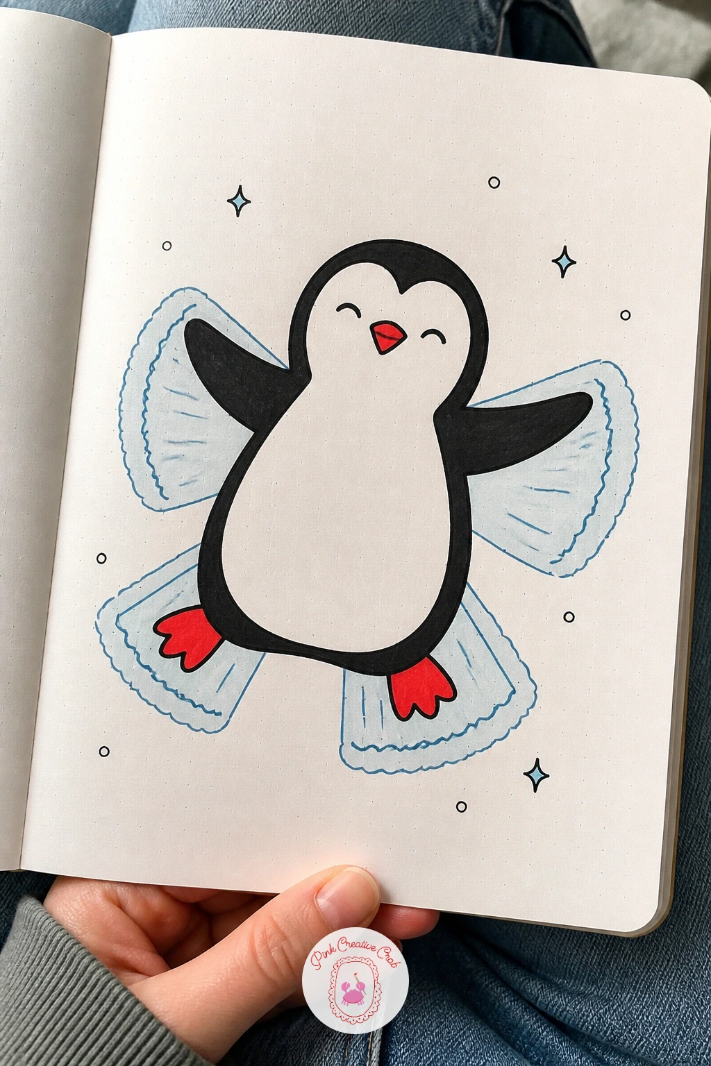 Penguin Making A Snow Angel — Draw the penguin lying flat on its back first, body as a simple oval, then the flippers swept outward and slightly upward from
