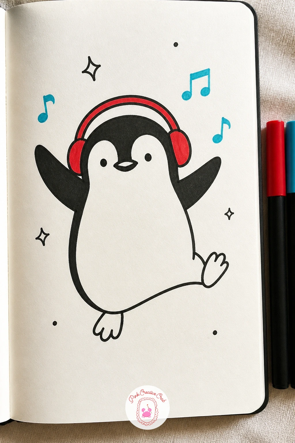 Penguin Dancing With Headphones — Give this penguin a loose, energetic pose, one foot kicked out, flippers thrown up or out to the sides mid move, rather than
