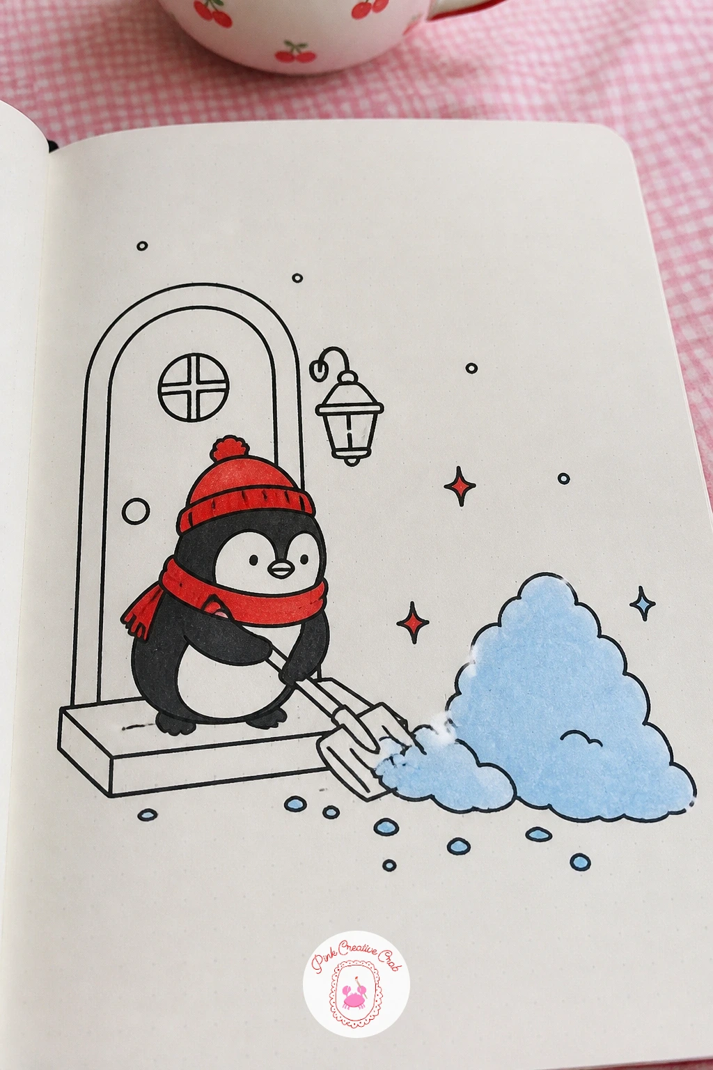Penguin Shoveling Snow From Its Step — Finish the set with this quiet domestic scene: draw a small shovel first, a simple flat blade on a long thin handle