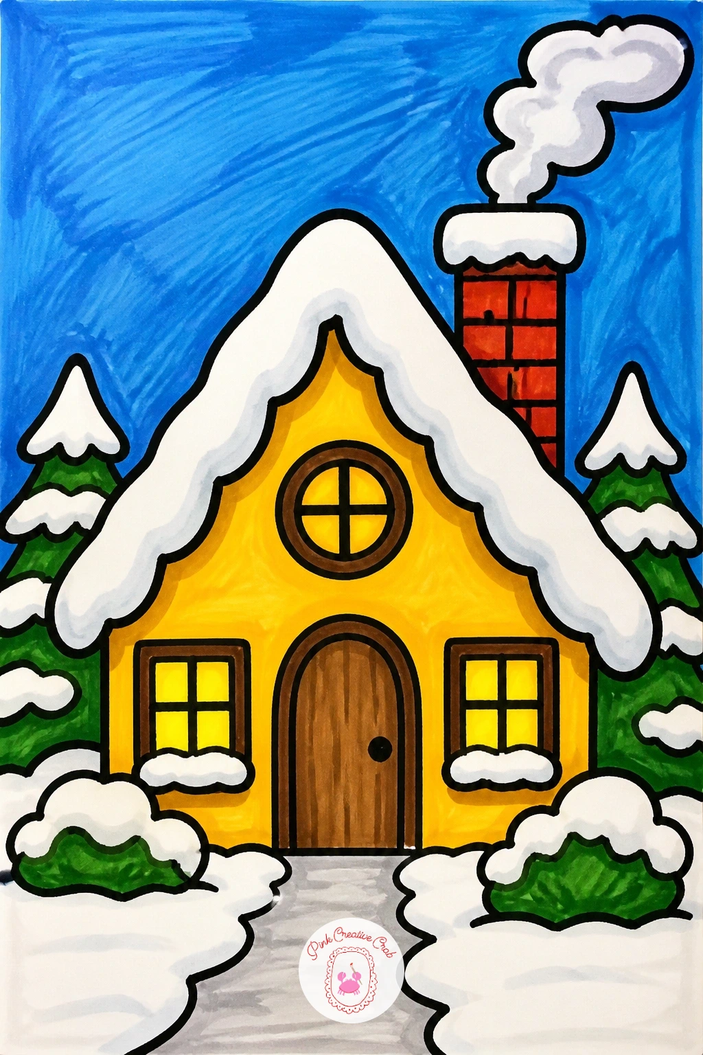 Snowy Cottage With Smoking Chimney — Start the snowy cottage with a simple square for the body and a triangle roof sitting right on top, both drawn in thick