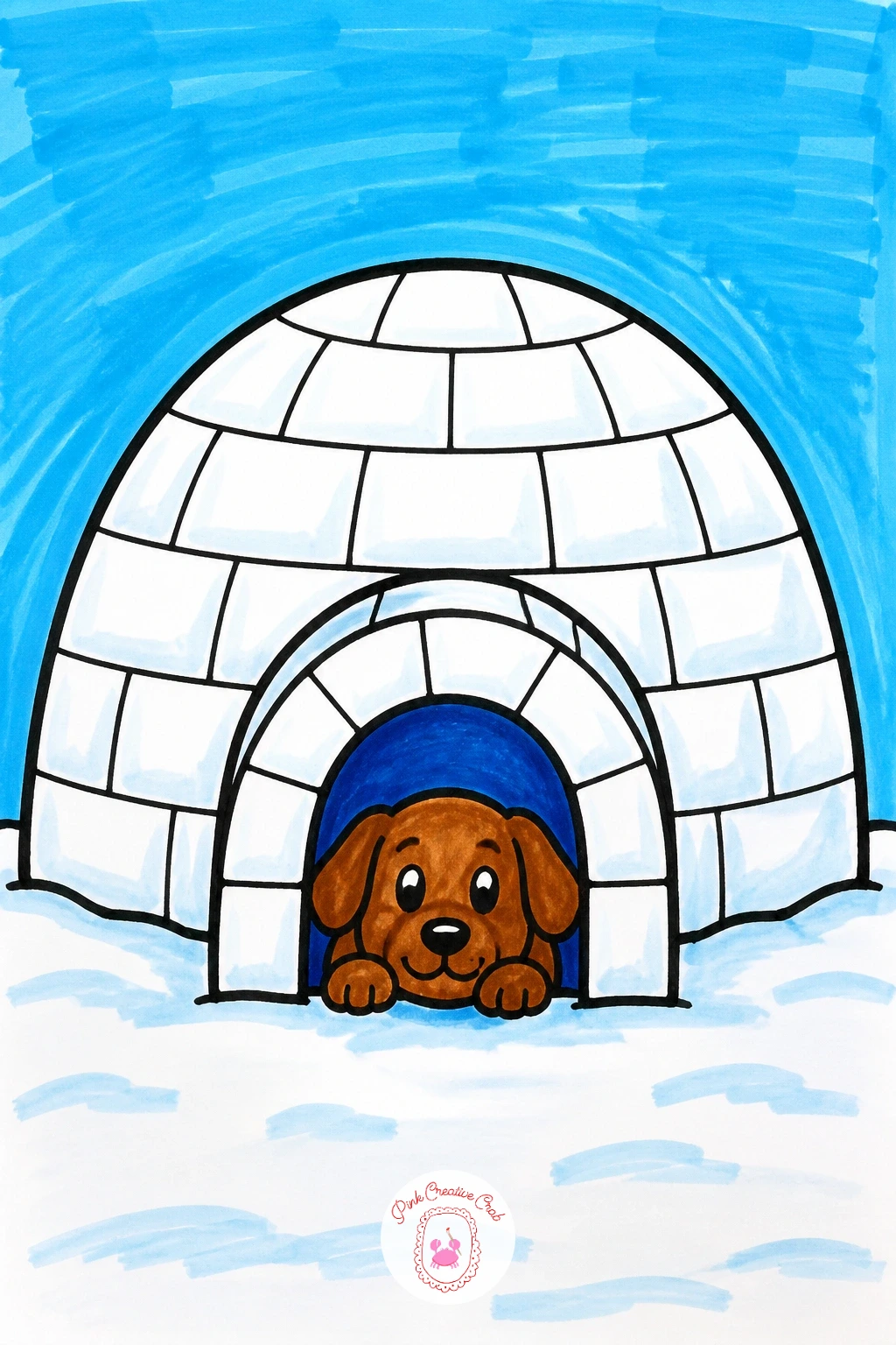 Igloo With Peeking Dog — Draw the igloo as one big dome shape, like half a circle sitting on the ground, then add a short curved tunnel entrance poking out the
