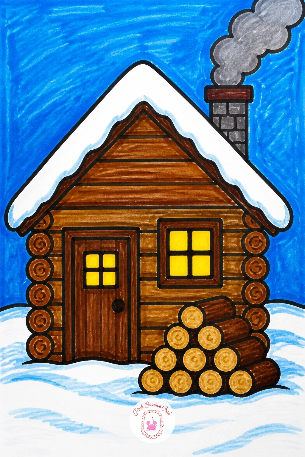 Log Cabin With Firewood Pile — Build the log cabin from a square body made of several horizontal lines stacked like real logs, then top it with a simple