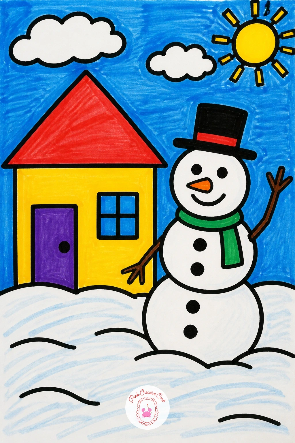House With Waving Snowman — Keep the house itself plain here, a square with a triangle roof and one window, since the real star of this scene is the snowman