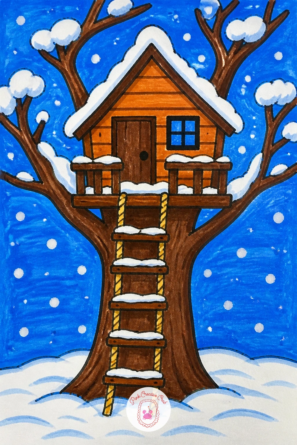 Snowy Treehouse With Rope Ladder — Start with the tree trunk, one thick curved line running up the page, then add a round cloud shape of branches at the top