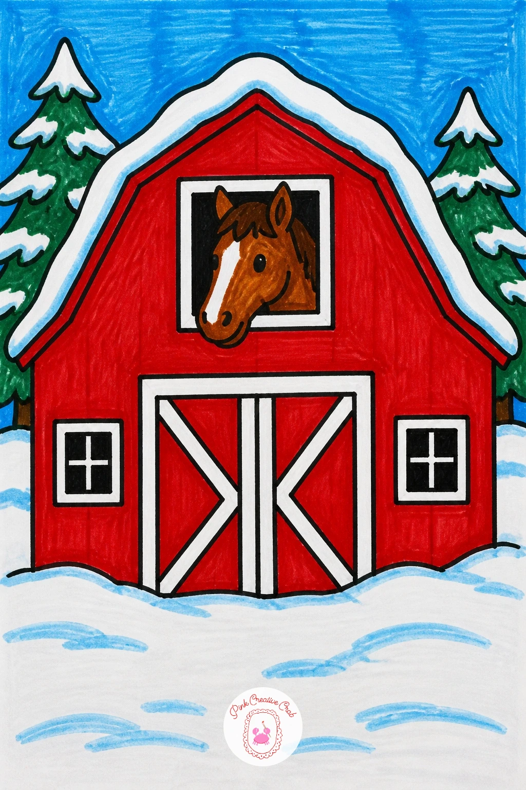 Red Barn House With Horse — This barn house follows the classic barn shape, a rectangle body topped with a roof that bends partway up like a gentle gambrel, a