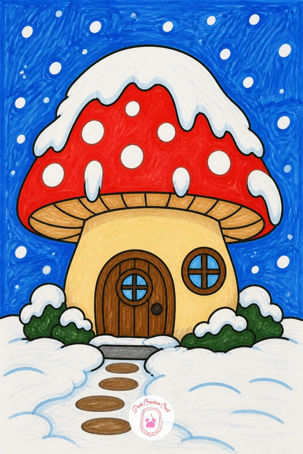 Mushroom House In Fluffy Snow — Draw the mushroom house stem first, a wide rounded rectangle, then top it with a big round mushroom cap that overhangs the stem