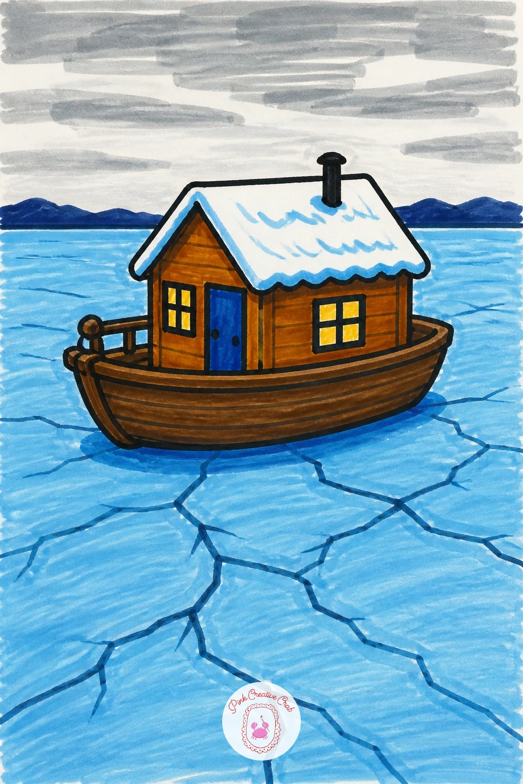 Houseboat Frozen In A Lake — Draw the houseboat as a simple boat shape, a long curved bottom with a small square cabin sitting on the deck, and a tiny chimney
