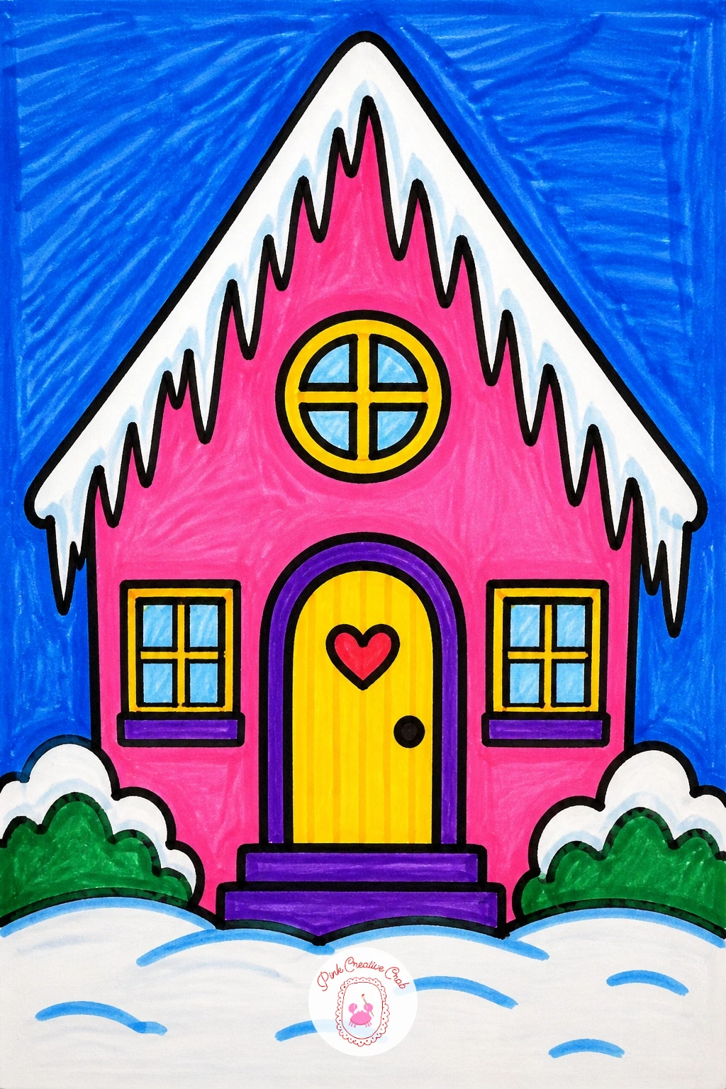 Cottage With Icicle Roofline — Build this cottage from a simple square and triangle roof, then instead of a flat snow cap along the roof edge, draw a row of