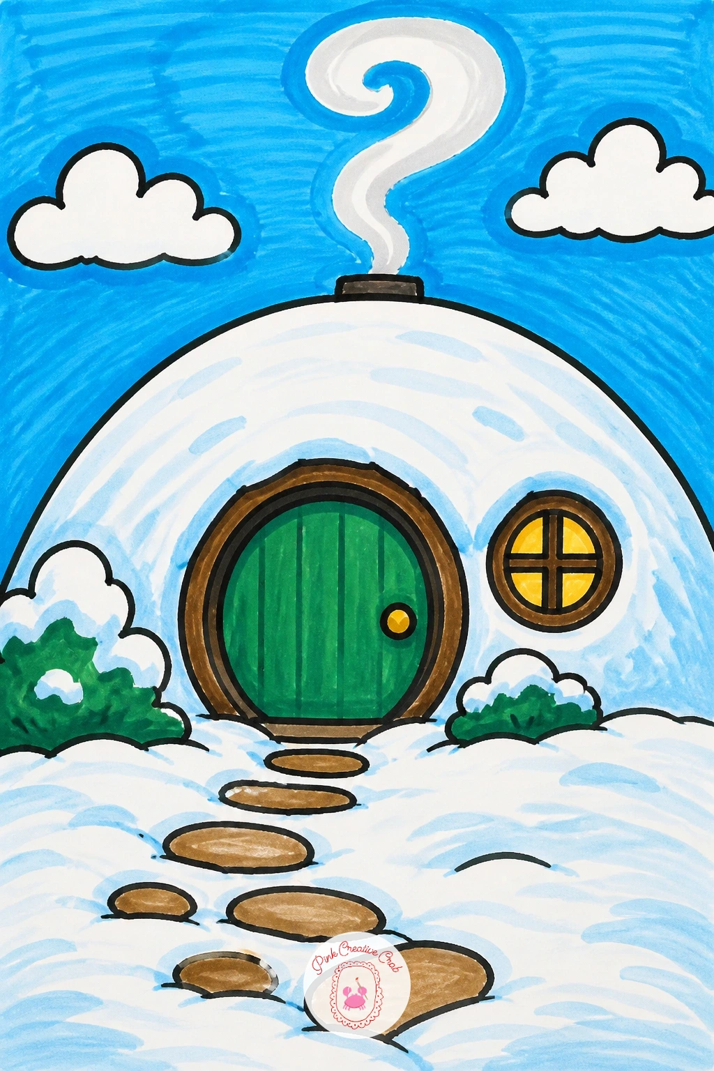 Round Hill House With Green Door — This house hides inside a gentle hill, so start with a wide rounded mound shape instead of a square, like a soft hill rising