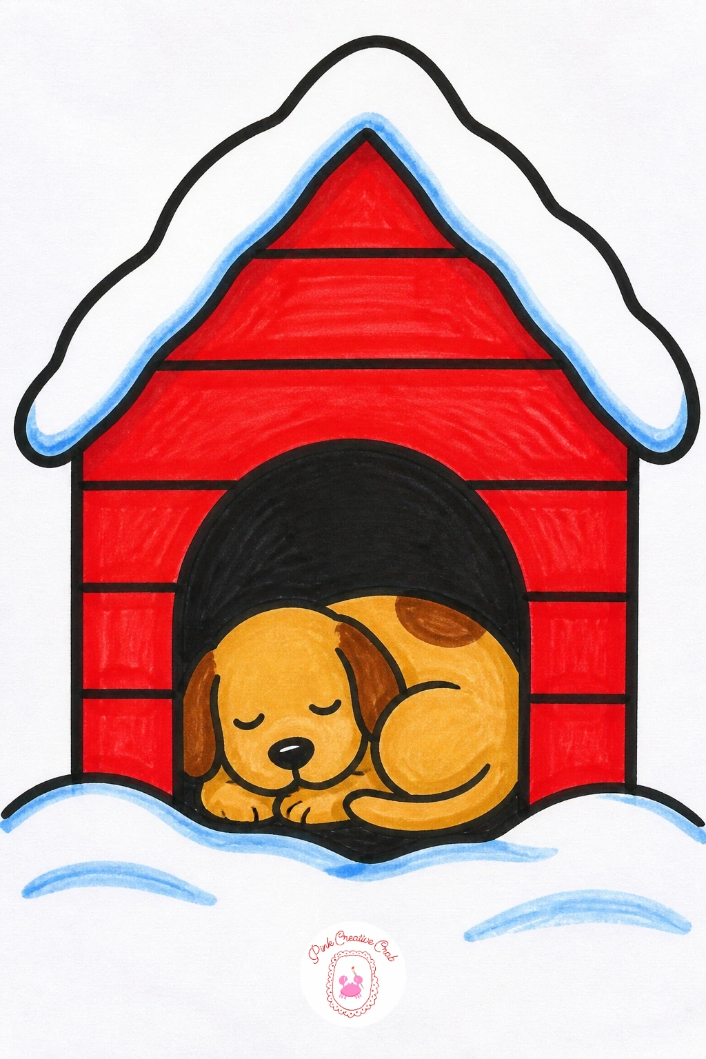 Dog House With Sleeping Puppy — Draw the doghouse as a small square with a simple triangle roof, scaled smaller than the kid-sized houses earlier in this list