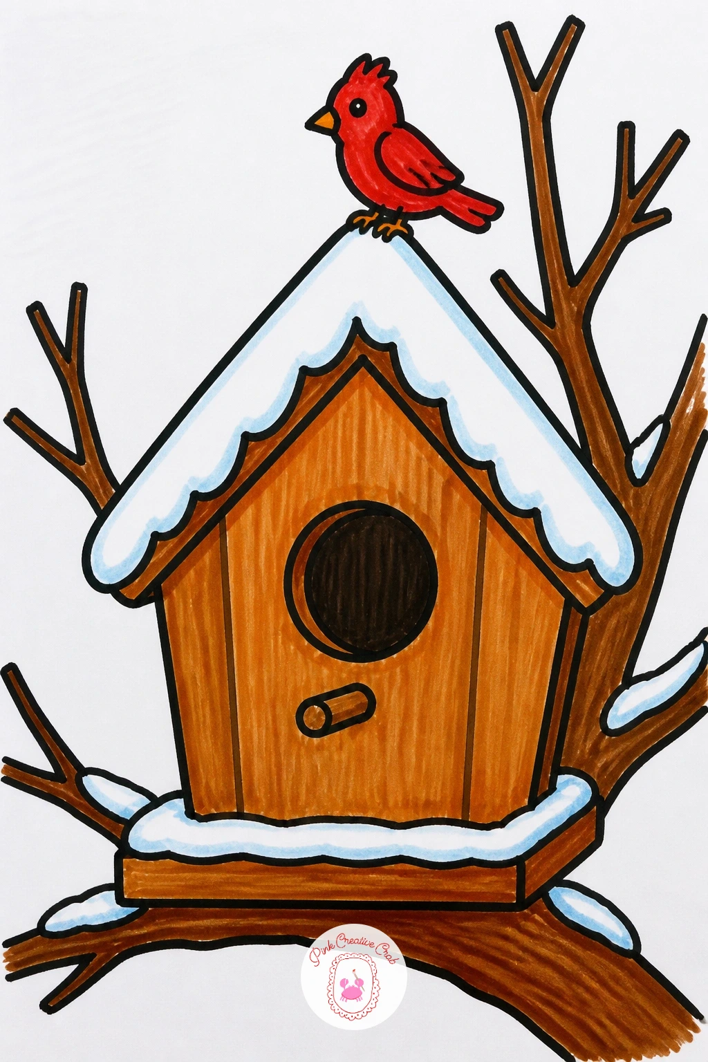 Birdhouse With Snowy Roof — Keep this one simple and small: a tall narrow oval or rounded rectangle for the birdhouse body, a round hole near the top for the