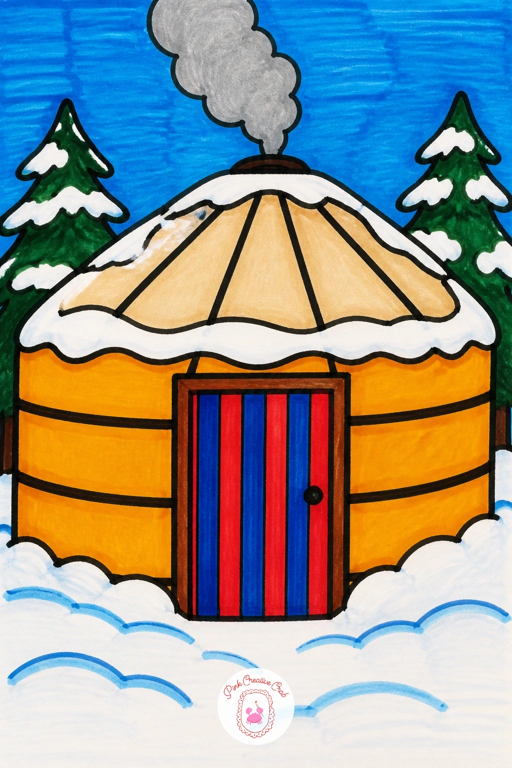 Yurt With Striped Door — Draw the yurt as a wide round-topped shape, like a dome sitting on a short cylinder base, which already feels different from the