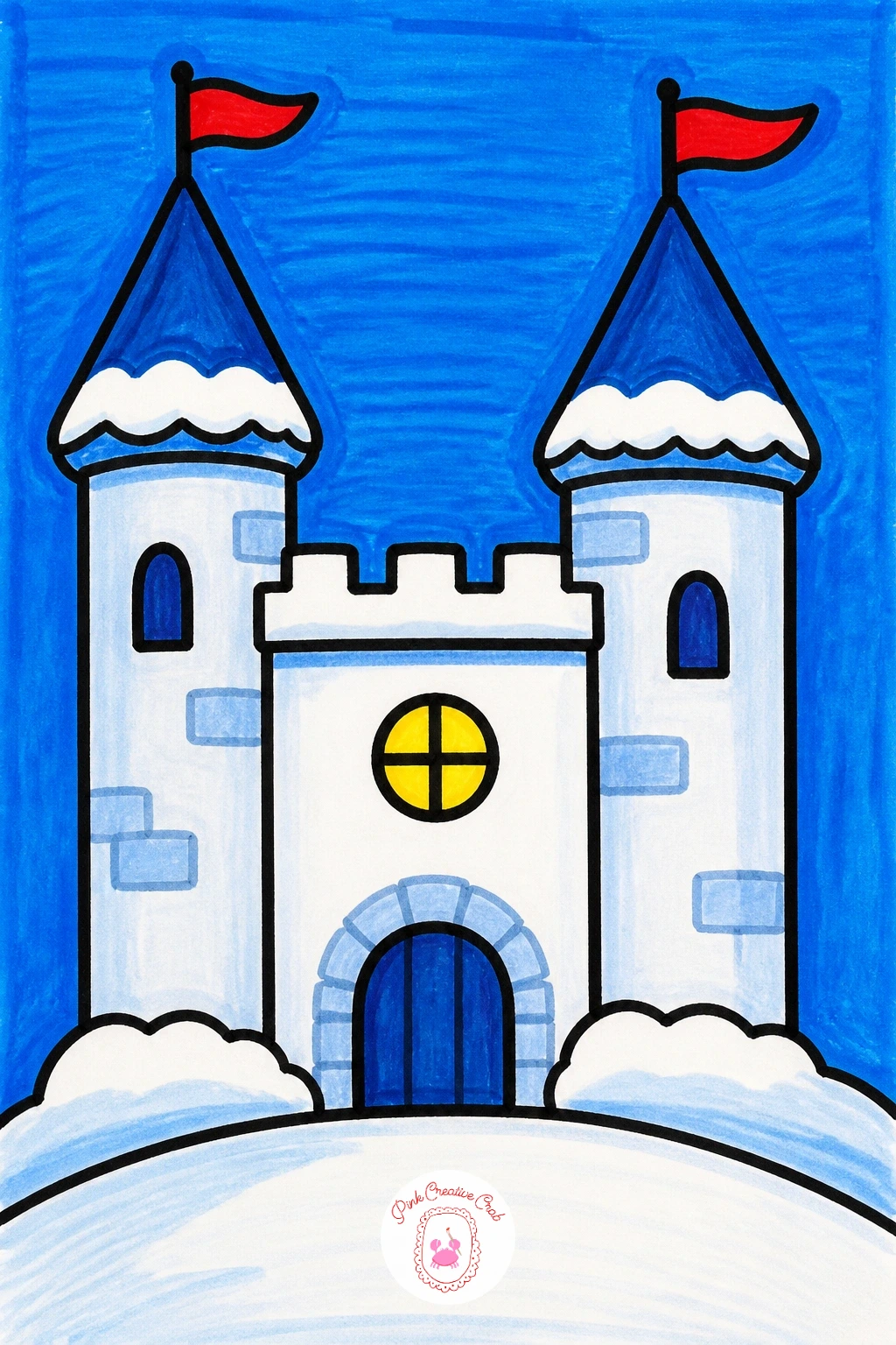 Little Snowy Castle With Two Towers — Build the castle from one wide rectangle body flanked by two narrower cylinder towers, one on each side, each topped with