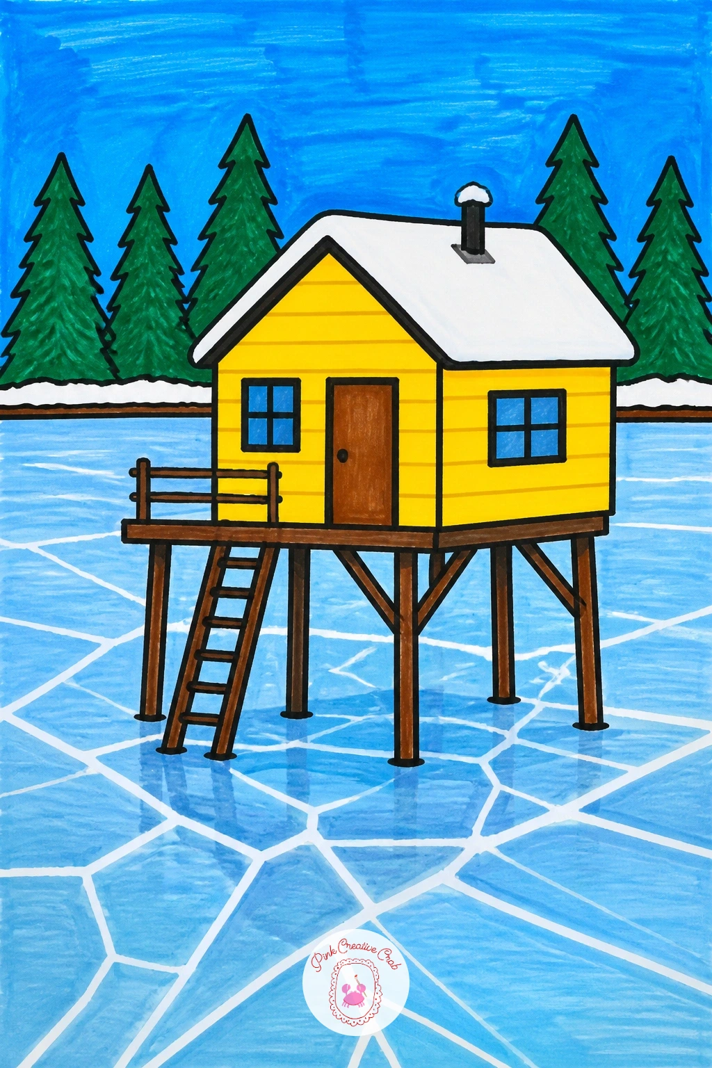 House On Stilts By A Frozen Lake — Draw the house body first, a simple square with a flat or gently sloped roof, then lift the whole thing up on four or six