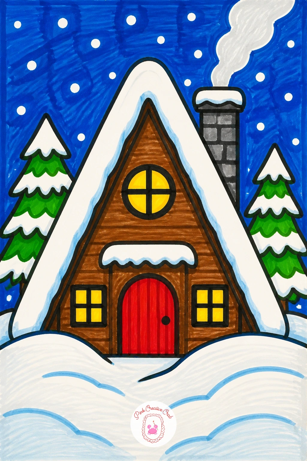 A-Frame House Full Of Snow — The A-frame is really just one big triangle from roof peak straight down to the ground on both sides, with a small rectangle