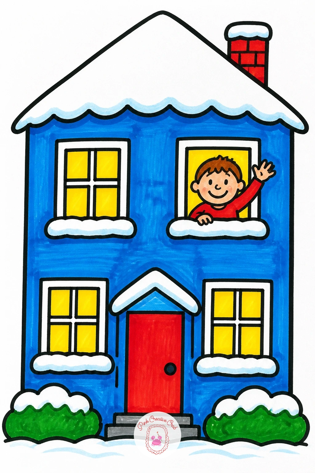 Two-Story House With Waving Kid — Stack two simple rectangles for this one, a wider one on the bottom floor and a slightly smaller one above it, topped with a