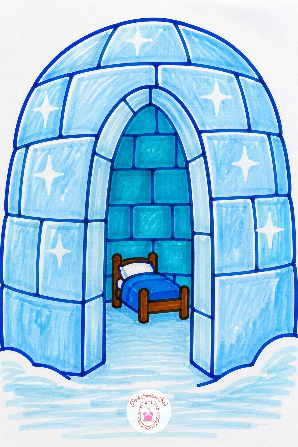 Ice Hotel With Tiny Bed Inside — Draw the ice hotel as a wide dome or rounded block shape, built entirely from pale blue walls instead of brick or wood, with