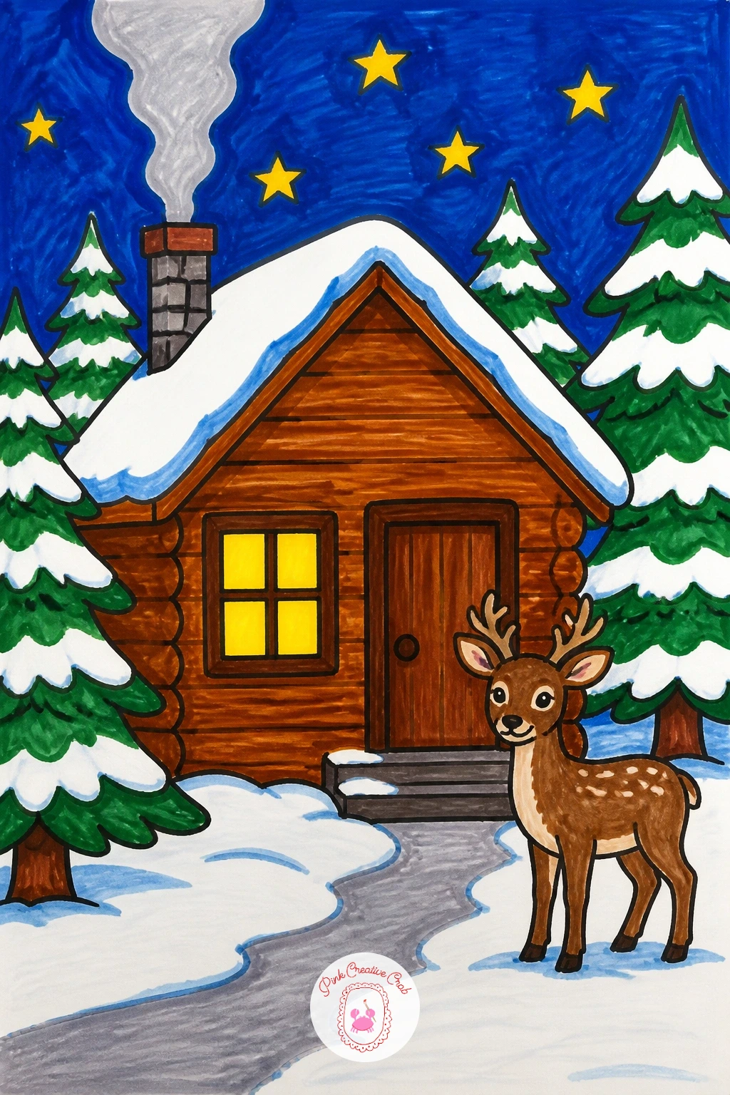 Cabin In The Woods With Deer — Draw a small square cabin with a triangle roof tucked among two or three tall thin triangle pine trees standing behind and