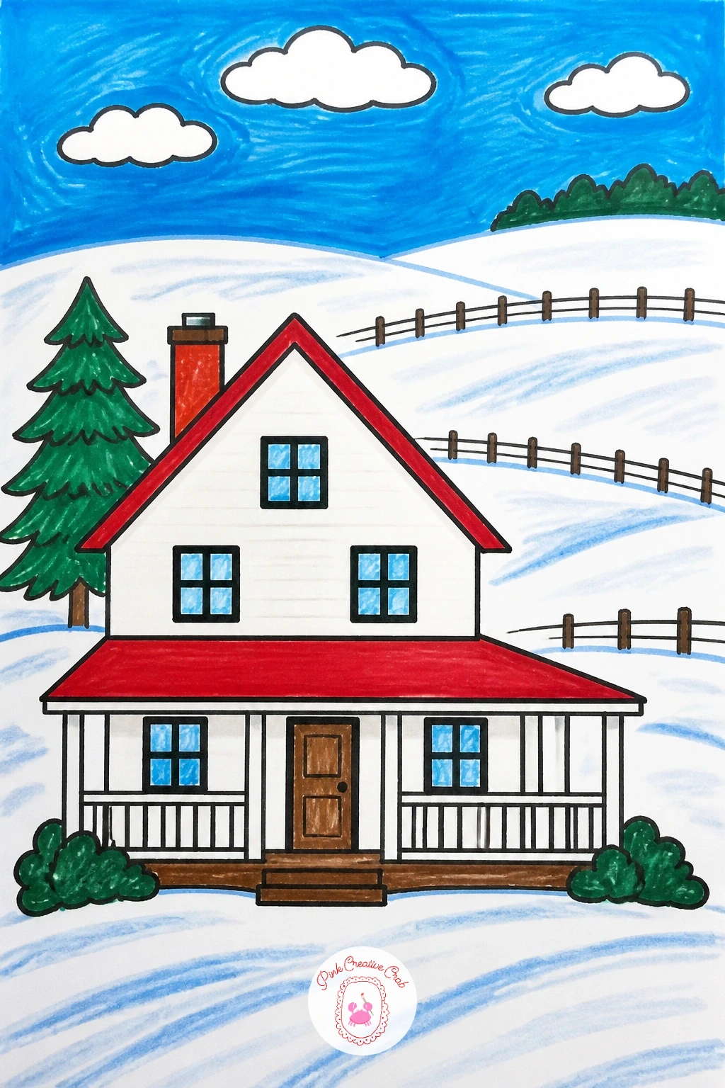 Farmhouse With Snowy Fields — Draw the farmhouse as a simple rectangle with a red triangle roof and a small covered porch along the front, a few square windows