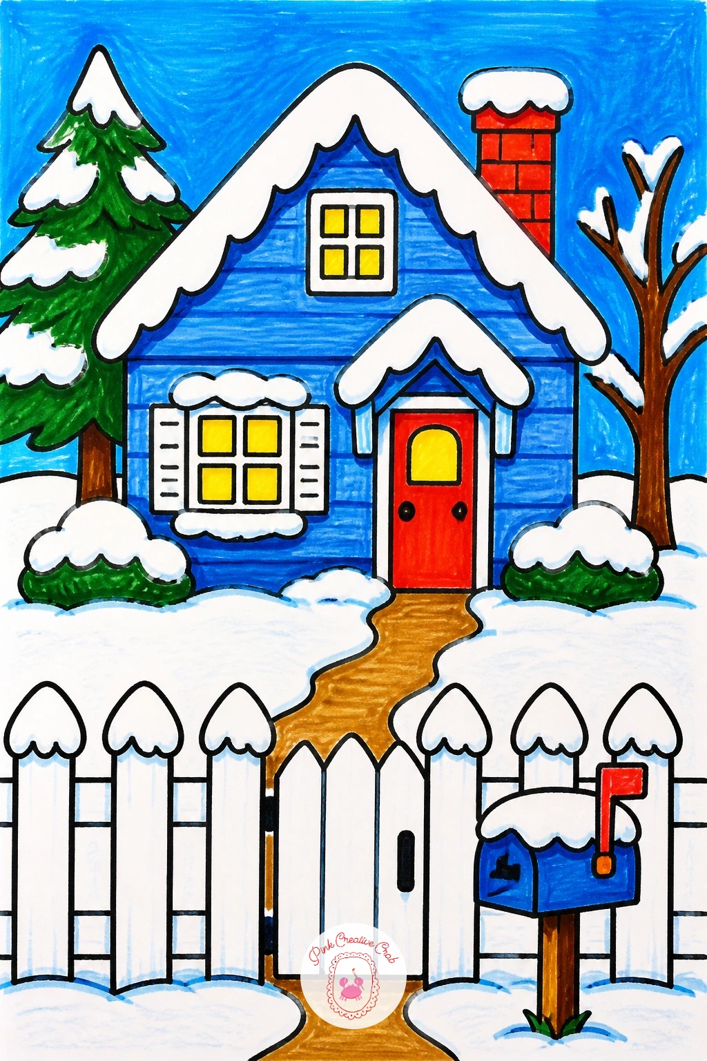 Cottage With Picket Fence And Mailbox — Draw a simple square cottage with a triangle roof and a round window, then run a low picket fence, a row of small
