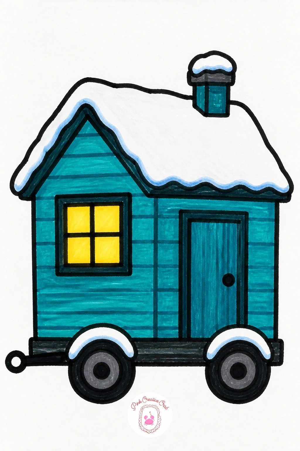 Tiny House On Wheels With Snow On Top — Draw a small rectangle body sitting on two round wheels, with a short flat or slightly curved roof piled high with a
