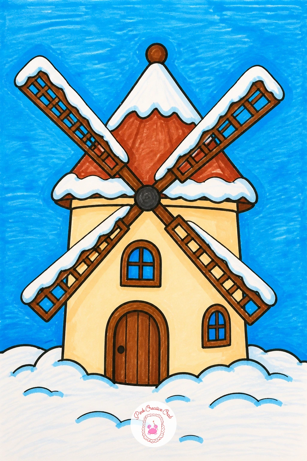 Little Windmill House With Snowy Sails — Draw a round or hexagon-shaped tower body for the windmill house, narrower at the top than the bottom, topped with a