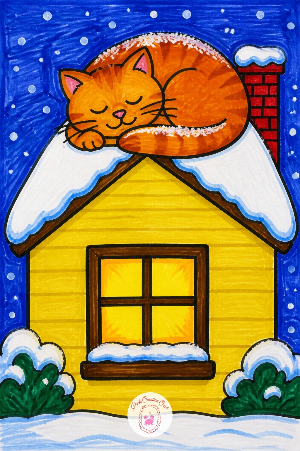 Cozy House With Sleeping Cat On Roof — Draw a simple square house with a triangle roof and one glowing window, then curl a sleeping cat right along the roof's